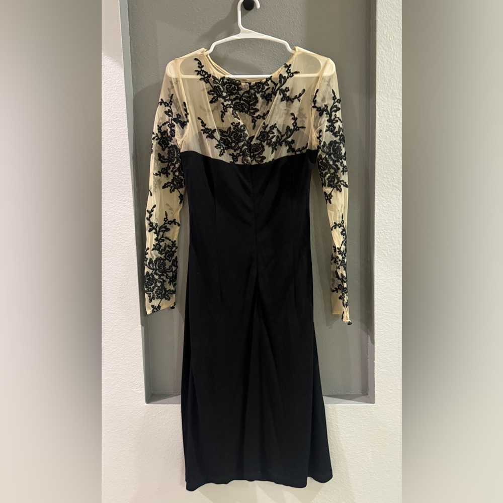 DAVID MEISTER Black Nude Sheer Embroidered Lace Illusion Yoke Sleeves Dress 6 - Picture 3 of 6